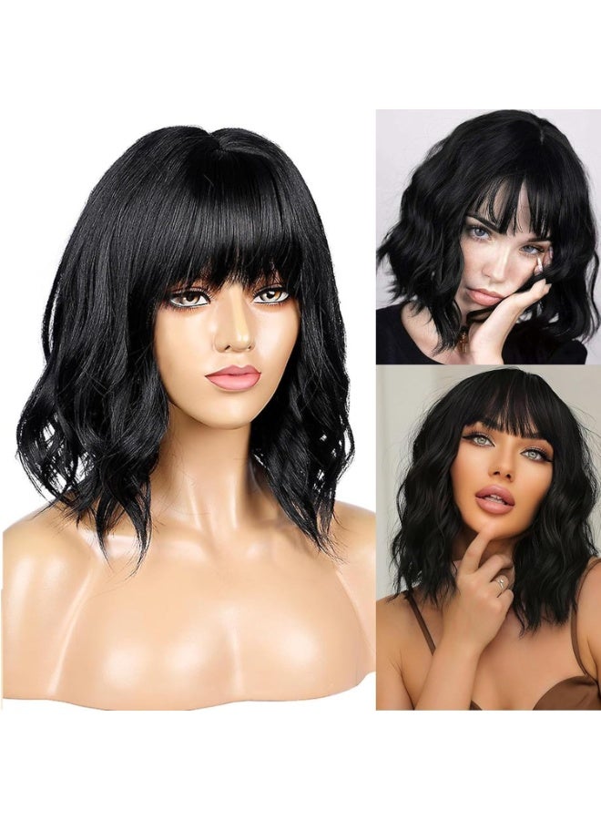CLENEA Short Black Bob Wig With Bangs Synthetic Natural Hair Wigs for Women Wavy Shoulder Length Wig Water Wave - Image 1